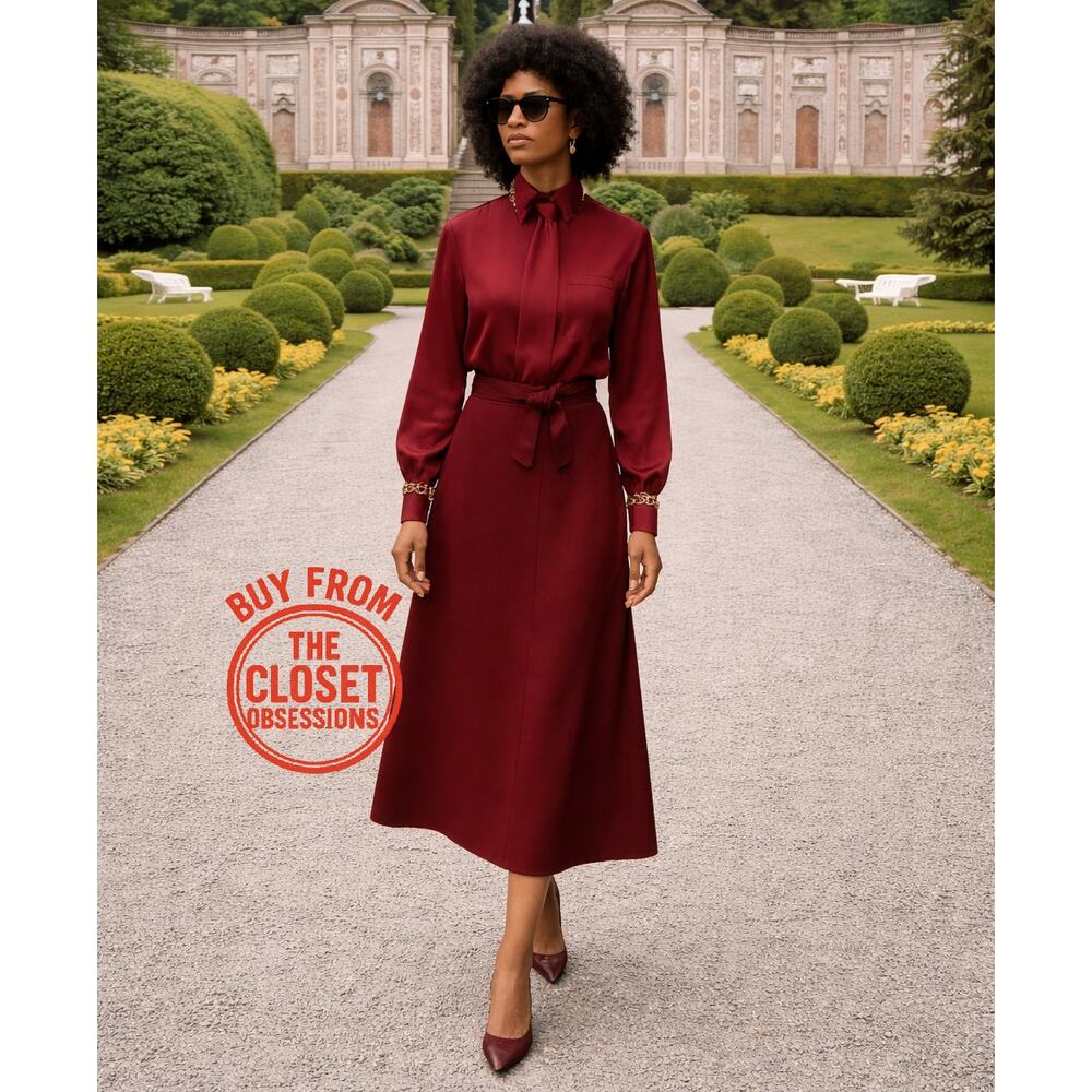 Zara NWT Burgundy Tie Neck Belted Midi Shirt Dress S M - Picture 5 of 16